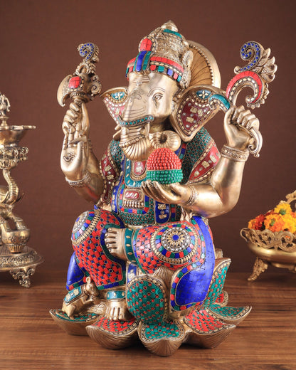 Unique Pure Brass Lord Ganesha Statue - Seated on Lotus, 22" with stonework - Budhshiv.com