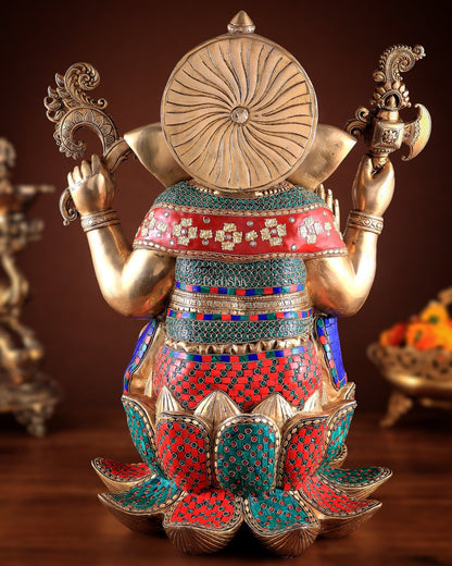 Unique Pure Brass Lord Ganesha Statue - Seated on Lotus, 22" with stonework - Budhshiv.com