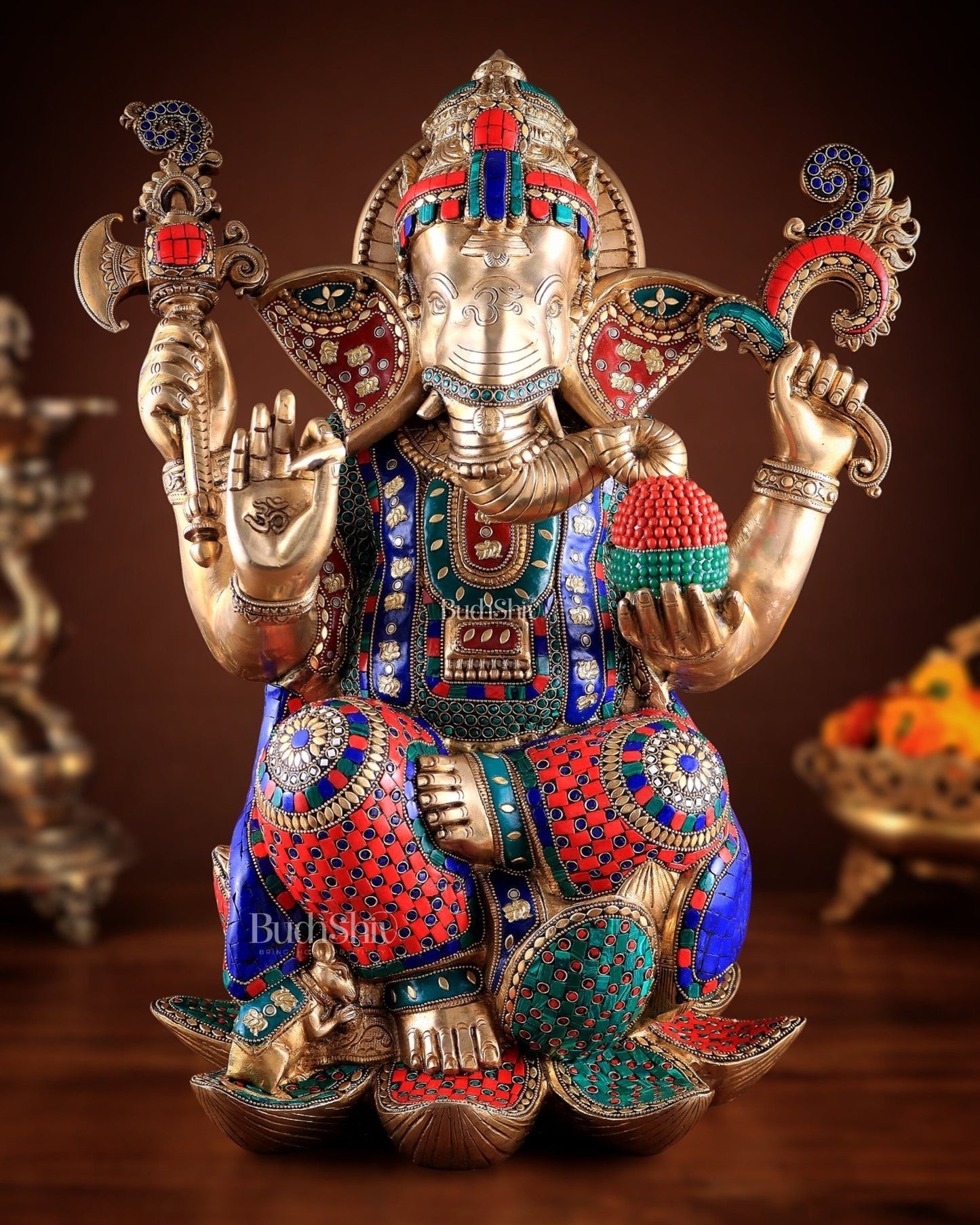 Unique Pure Brass Lord Ganesha Statue - Seated on Lotus, 22" with stonework - Budhshiv.com