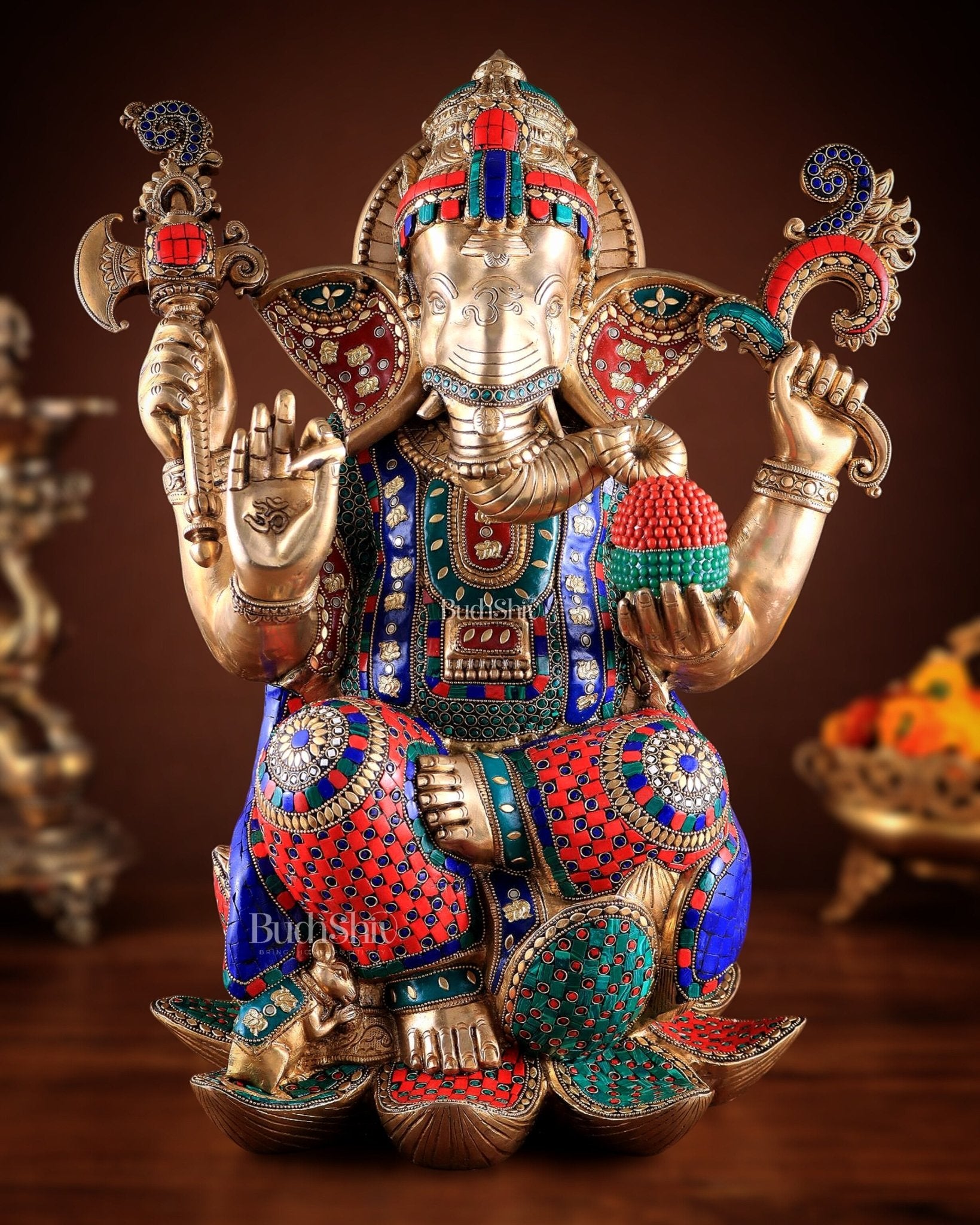 Unique Pure Brass Lord Ganesha Statue - Seated on Lotus, 22" with stonework - Budhshiv.com