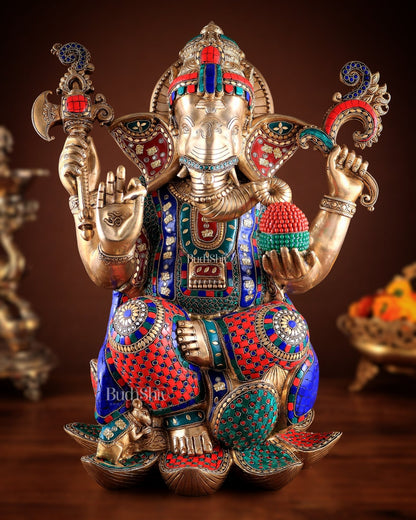 Unique Pure Brass Lord Ganesha Statue - Seated on Lotus, 22" with stonework - Budhshiv.com
