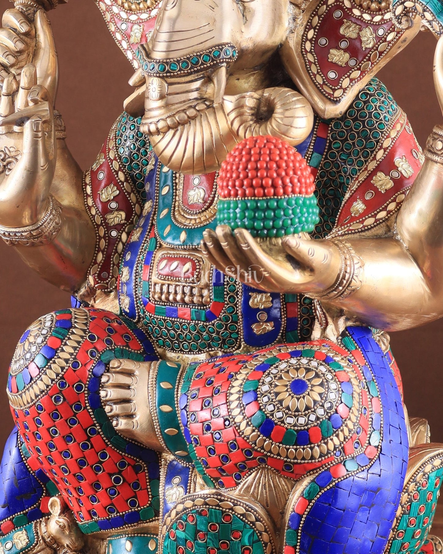 Unique Pure Brass Lord Ganesha Statue - Seated on Lotus, 22" with stonework - Budhshiv.com