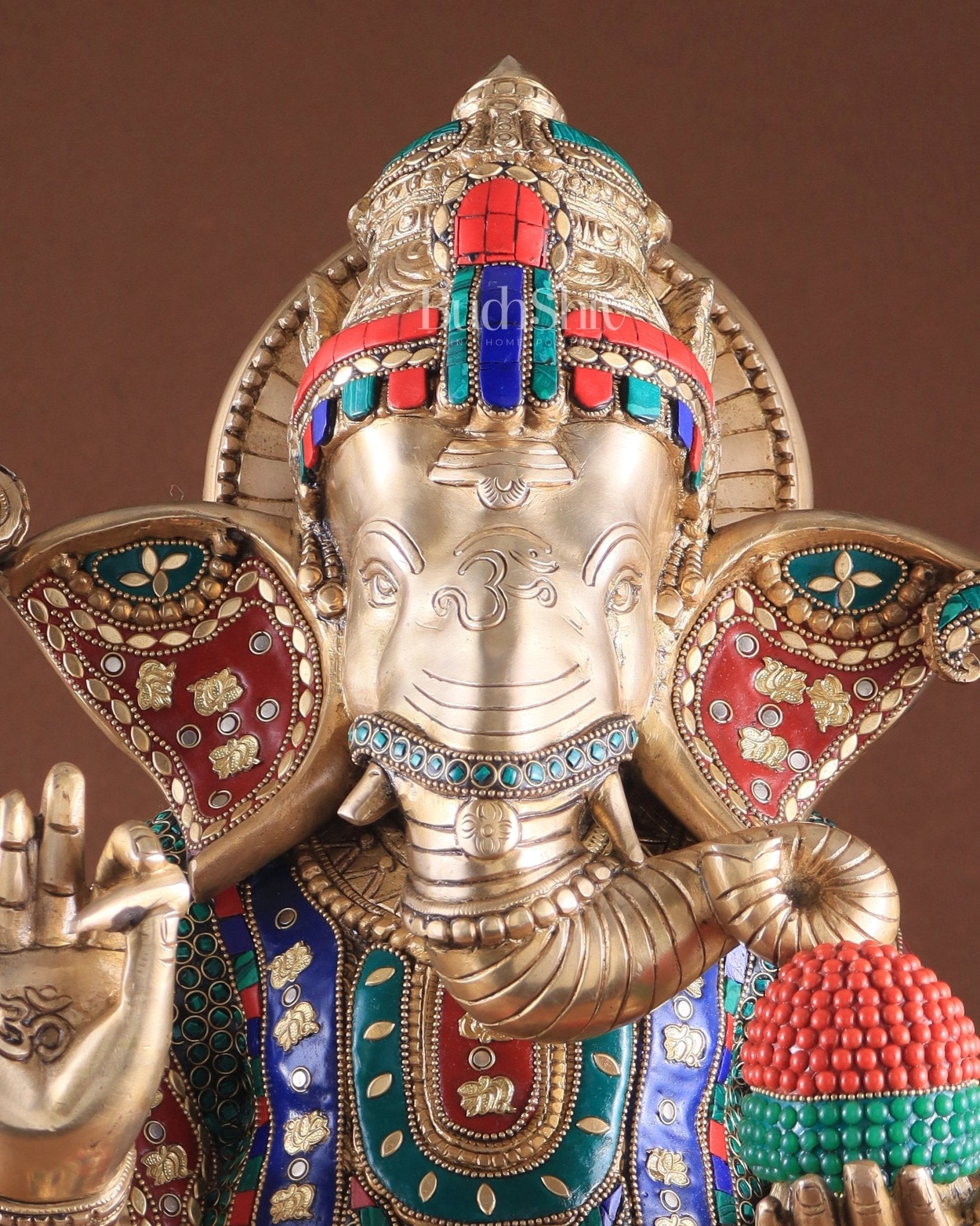 Unique Pure Brass Lord Ganesha Statue - Seated on Lotus, 22" with stonework - Budhshiv.com