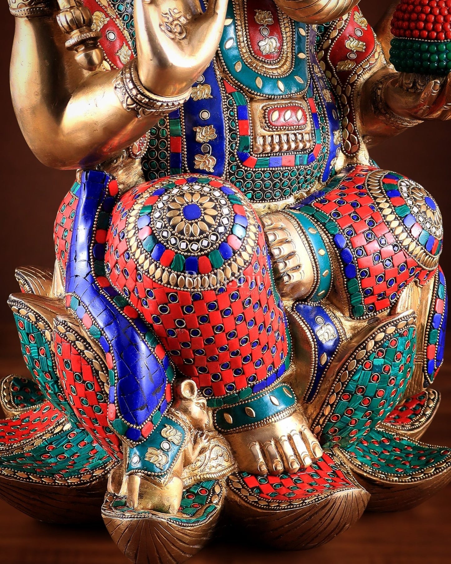 Unique Pure Brass Lord Ganesha Statue - Seated on Lotus, 22" with stonework - Budhshiv.com