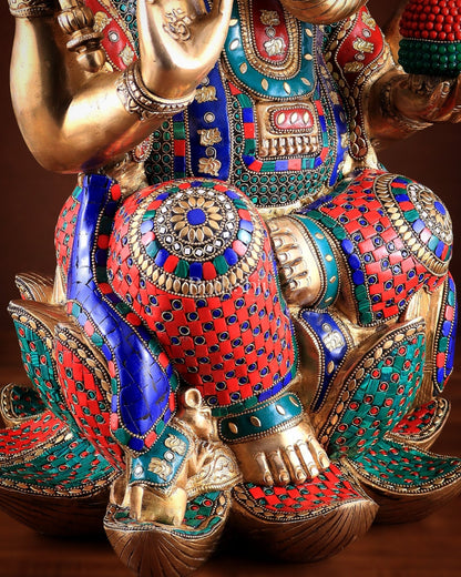 Unique Pure Brass Lord Ganesha Statue - Seated on Lotus, 22" with stonework - Budhshiv.com