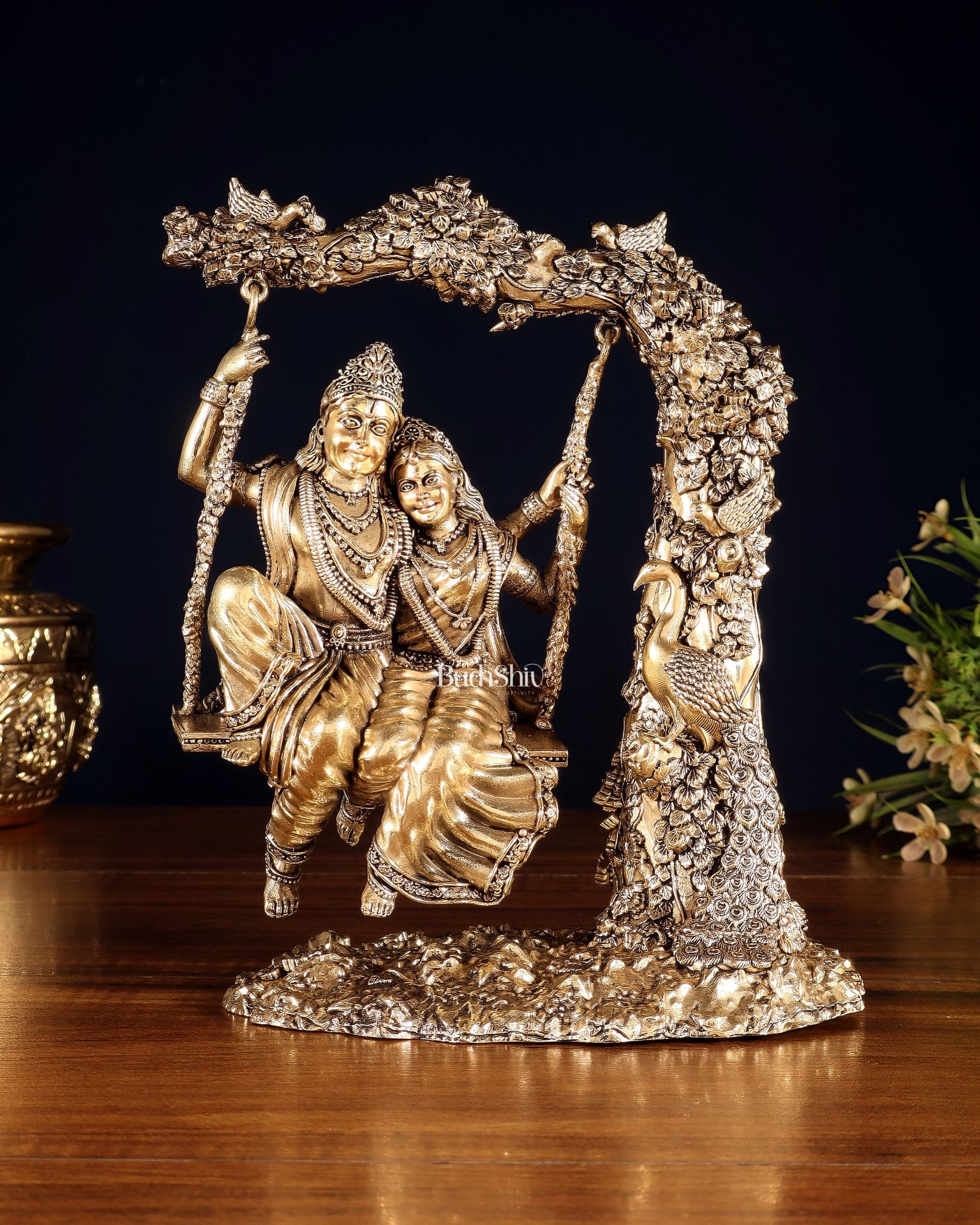 Unique Pure Brass Radha Krishna Intricate Superfine Swing 8" - Budhshiv.com