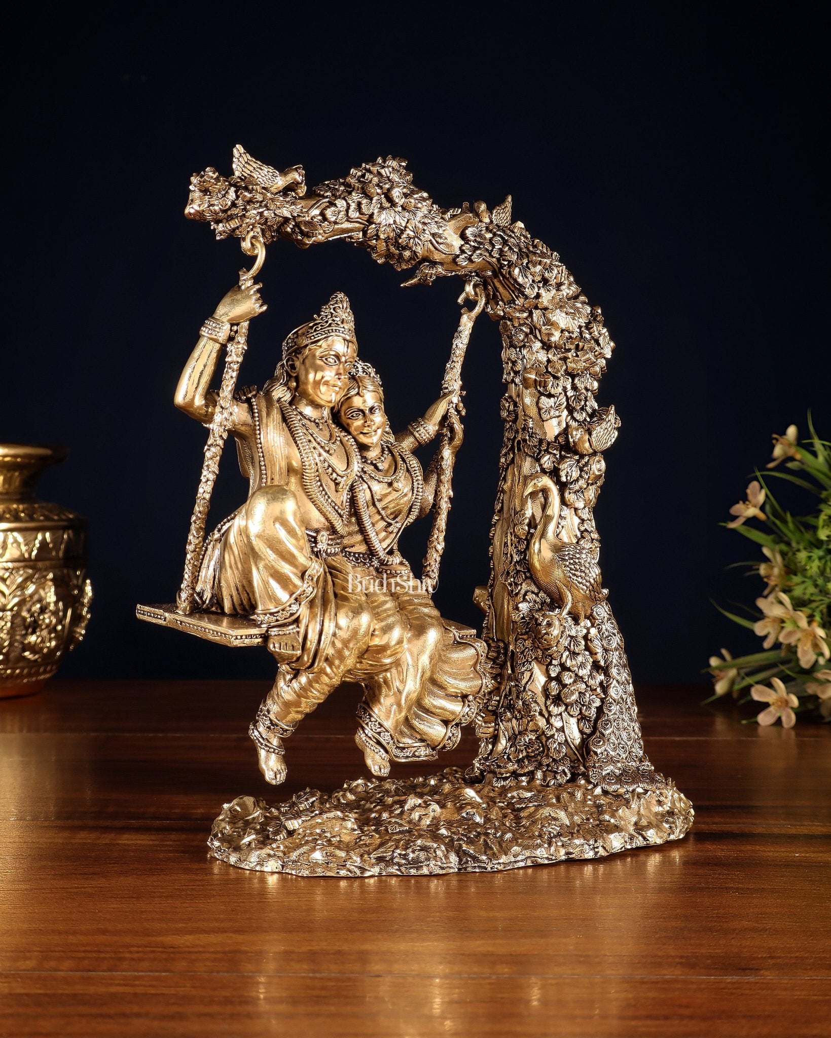 Unique Pure Brass Radha Krishna Intricate Superfine Swing 8" - Budhshiv.com
