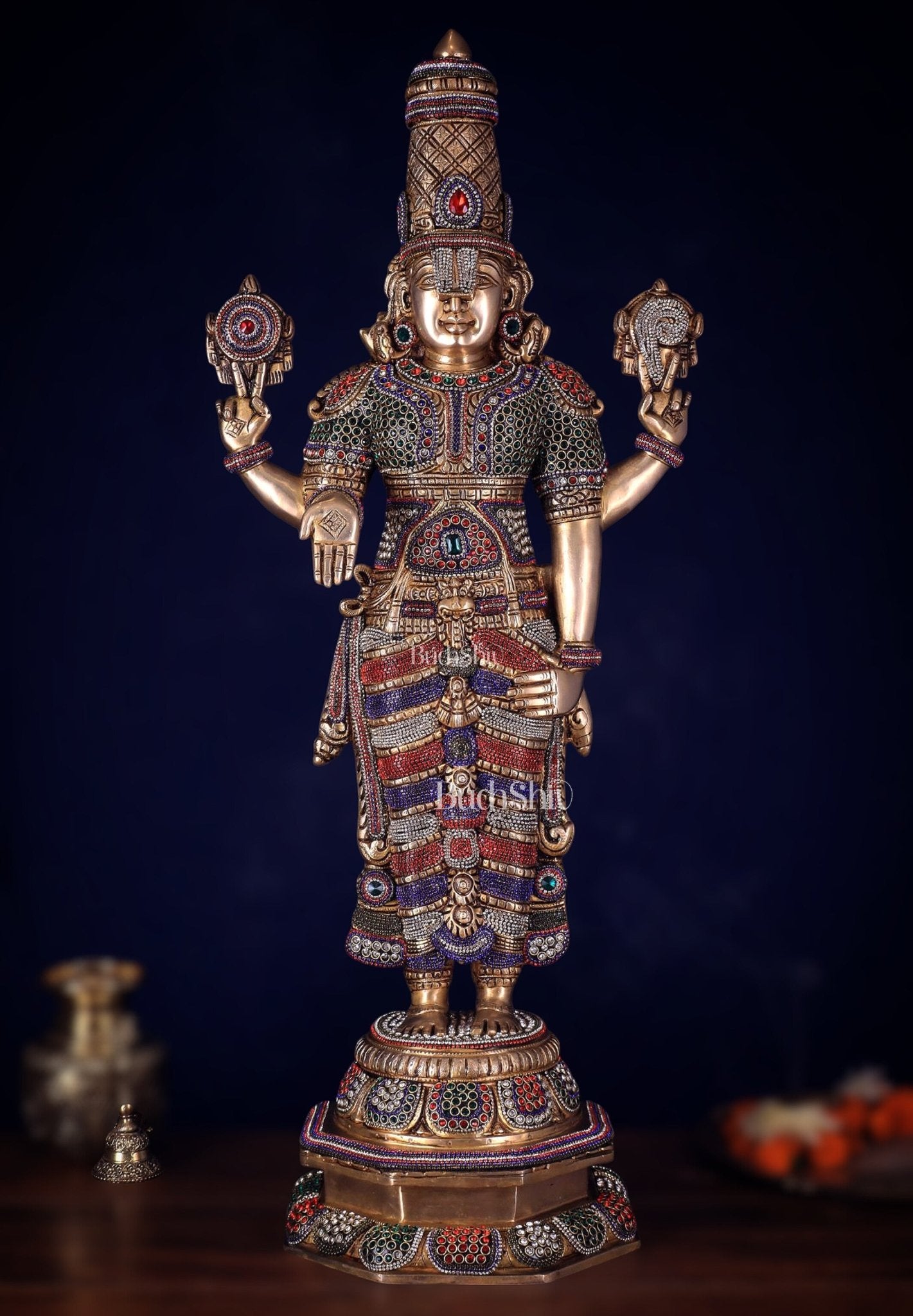 Unique Pure Brass Tirupati Balaji Idol 33" jeweled up - Budhshiv.com