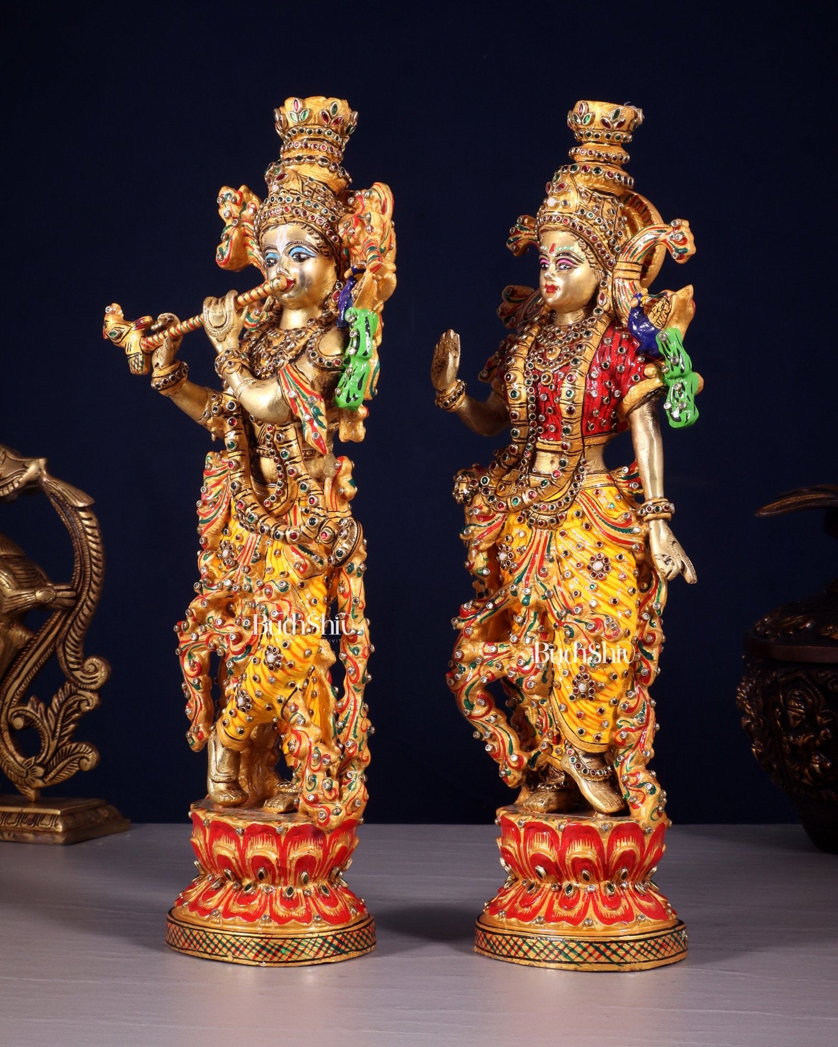 Unique Radha Krishna Brass Idol Pair with Meenakari Laakh Work 14" - Budhshiv.com