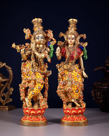 Unique Radha Krishna Brass Idol Pair with Meenakari Laakh Work 14" - Budhshiv.com