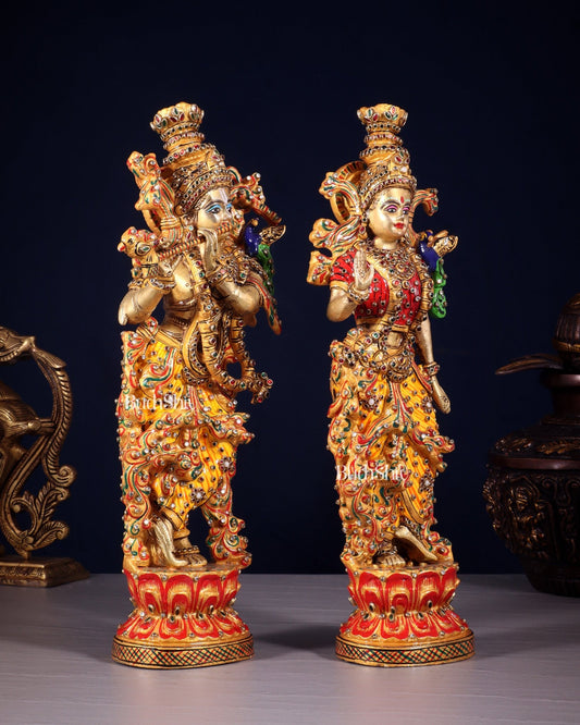 Unique Radha Krishna Brass Idol Pair with Meenakari Laakh Work 14" - Budhshiv.com