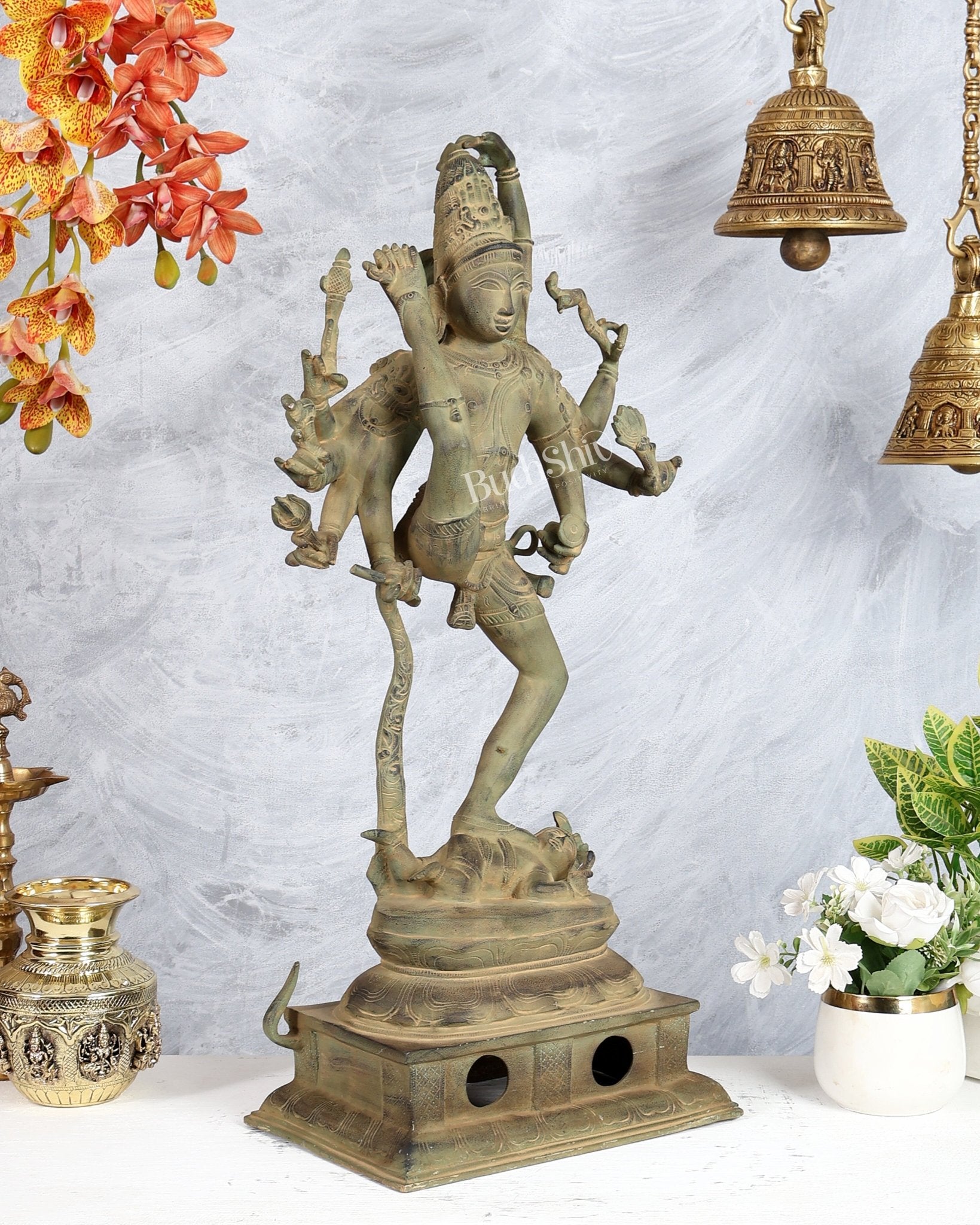Urdhava Tandava Nataraja Antique 26 - Inch Brass Tripurantaka Sculpture - Budhshiv.com