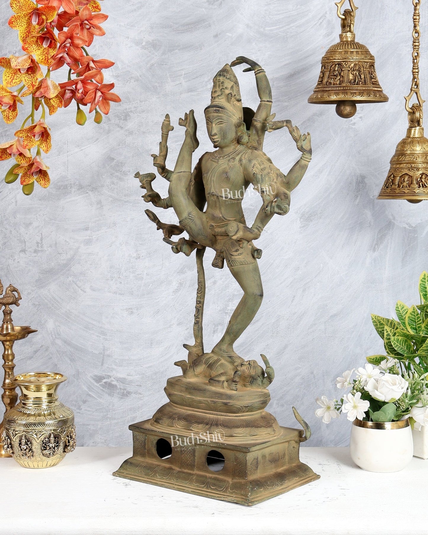 Urdhava Tandava Nataraja Antique 26 - Inch Brass Tripurantaka Sculpture - Budhshiv.com