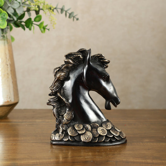 Vastu Feng Shui Lucky Black Horse Head with Coins Brass Showpiece | 7" - Budhshiv.com