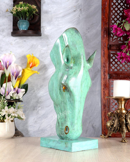 Verdigris Patina Horse Face Décor Artefact – Handcrafted Artistic Statement Sculpture 17.5 inch - Budhshiv.com