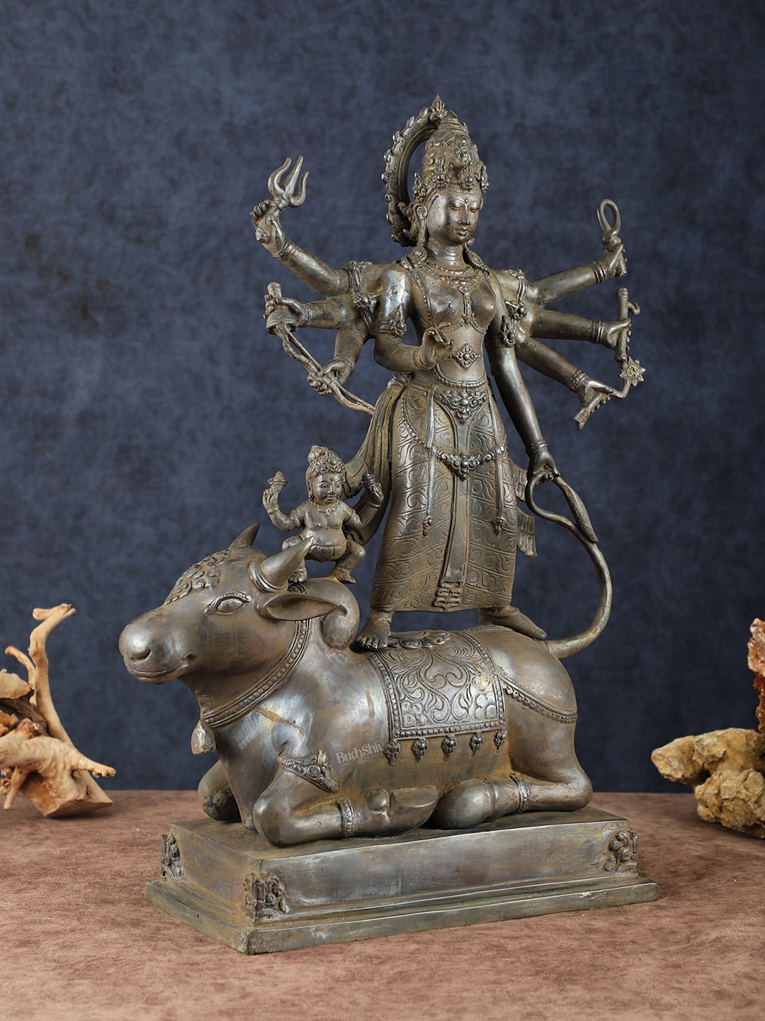 Vintage Balinese Bronze Mahishasura Mardini Durga Statue - 22.5" H | Lost Wax Casting - Budhshiv.com