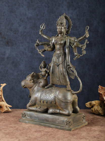 Vintage Balinese Bronze Mahishasura Mardini Durga Statue - 22.5" H | Lost Wax Casting - Budhshiv.com