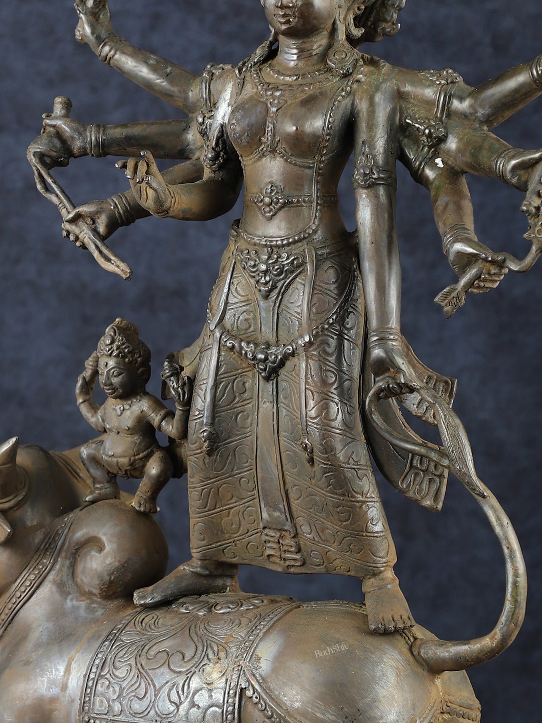 Vintage Balinese Bronze Mahishasura Mardini Durga Statue - 22.5" H | Lost Wax Casting - Budhshiv.com