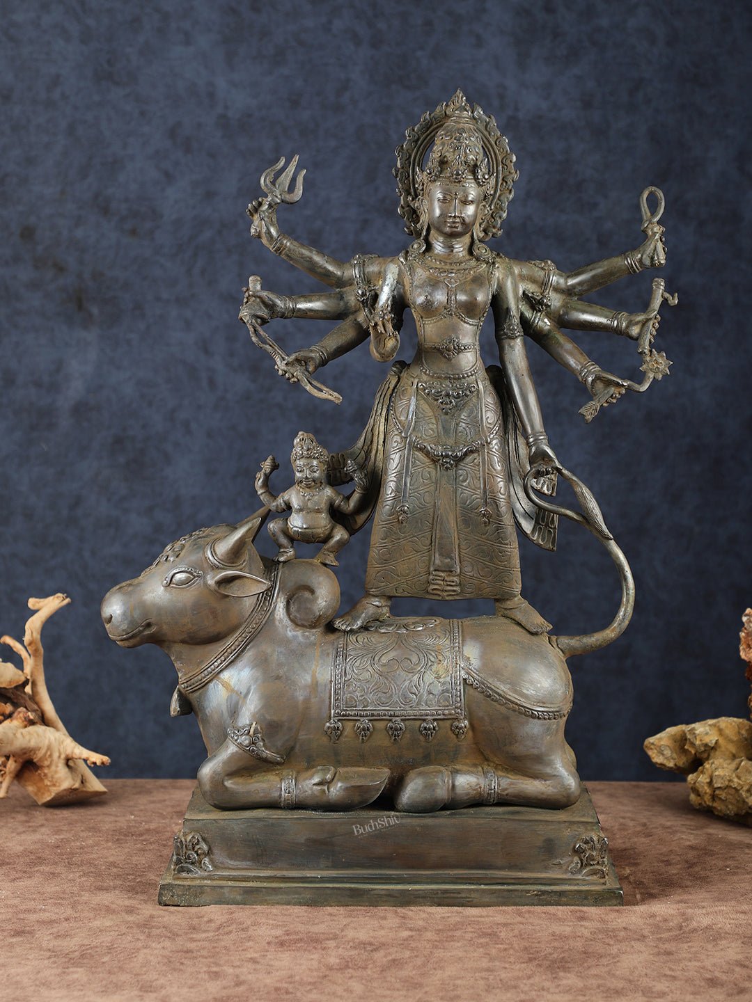 Vintage Balinese Bronze Mahishasura Mardini Durga Statue - 22.5" H | Lost Wax Casting - Budhshiv.com
