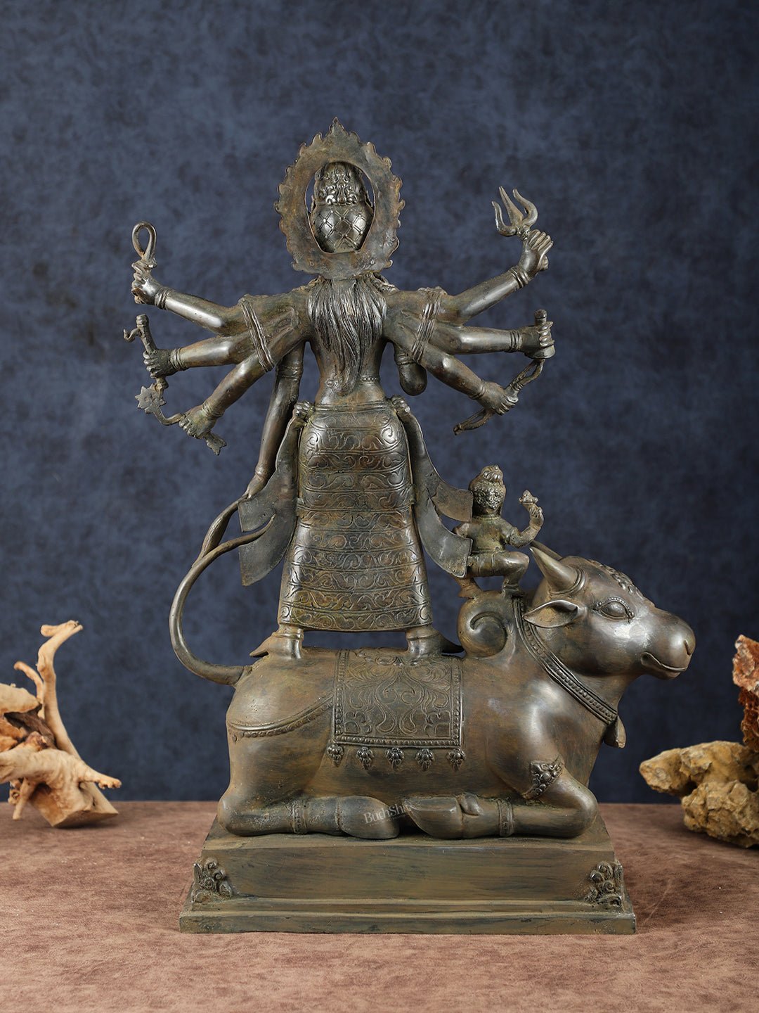 Vintage Balinese Bronze Mahishasura Mardini Durga Statue - 22.5" H | Lost Wax Casting - Budhshiv.com
