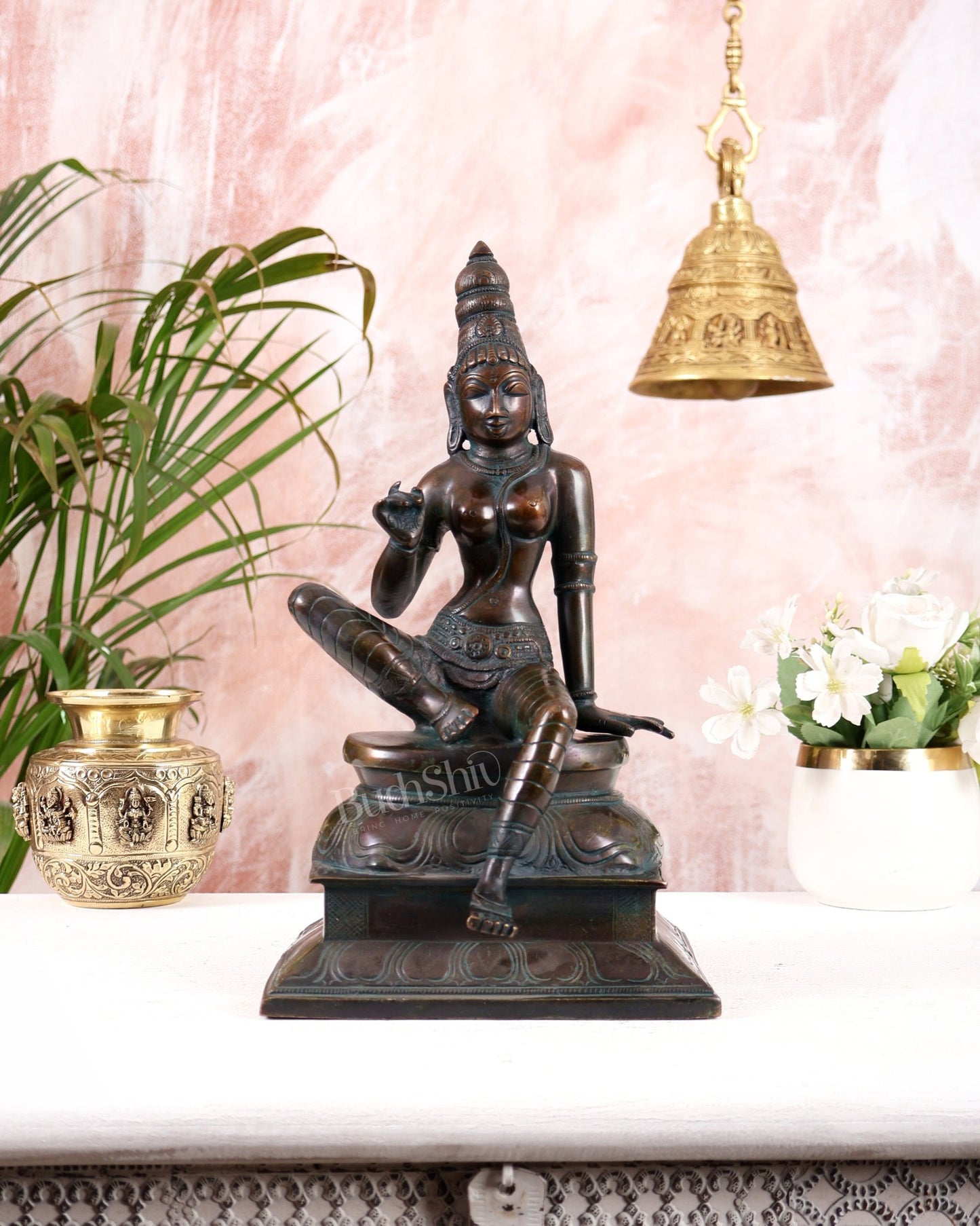 Vintage Bhoga Shakti Brass Devi Uma Parvati Sitting Statue bronze tone 14” Height - Budhshiv.com