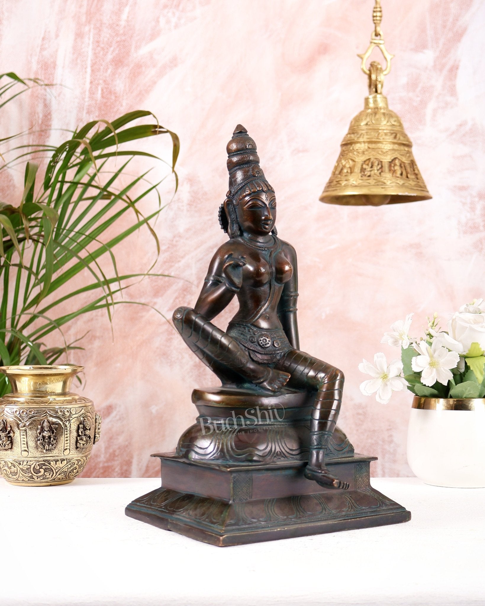 Vintage Bhoga Shakti Brass Devi Uma Parvati Sitting Statue bronze tone 14” Height - Budhshiv.com
