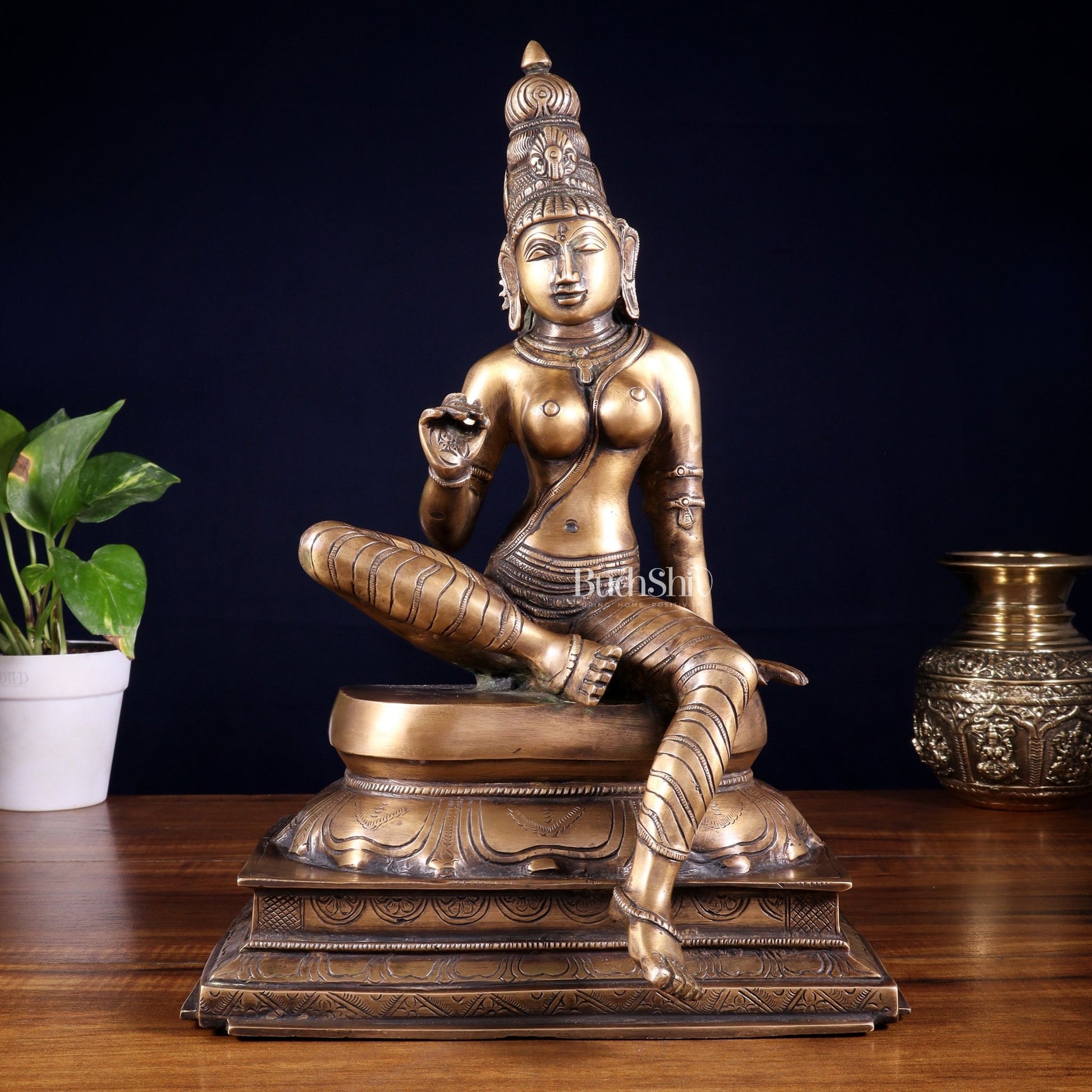 Vintage Bhoga Shakti Brass Devi Uma Parvati Sitting Statue | Burnt Brass Tone | 14” Height - Budhshiv.com