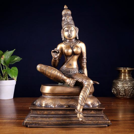 Vintage Bhoga Shakti Brass Devi Uma Parvati Sitting Statue | Burnt Brass Tone | 14” Height - Budhshiv.com