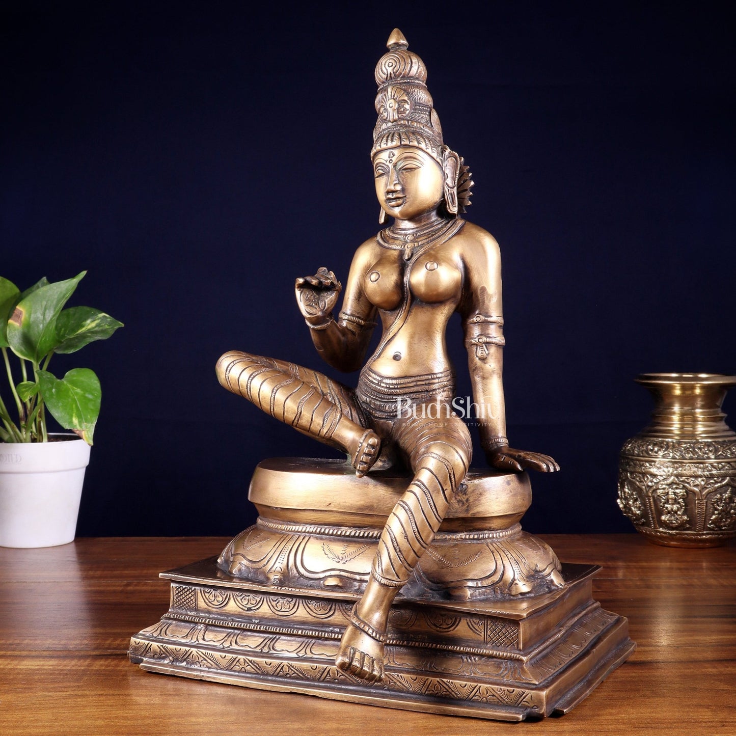 Vintage Bhoga Shakti Brass Devi Uma Parvati Sitting Statue | Burnt Brass Tone | 14” Height - Budhshiv.com