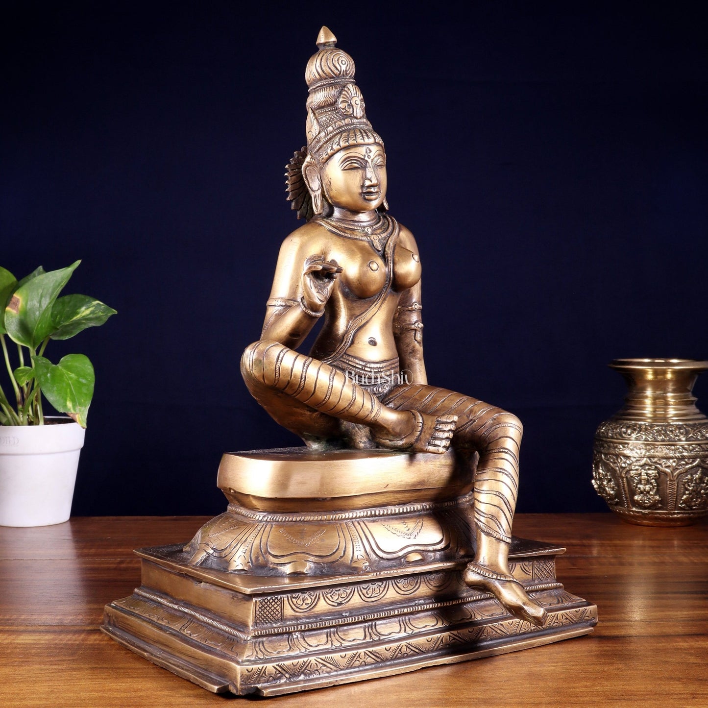 Vintage Bhoga Shakti Brass Devi Uma Parvati Sitting Statue | Burnt Brass Tone | 14” Height - Budhshiv.com