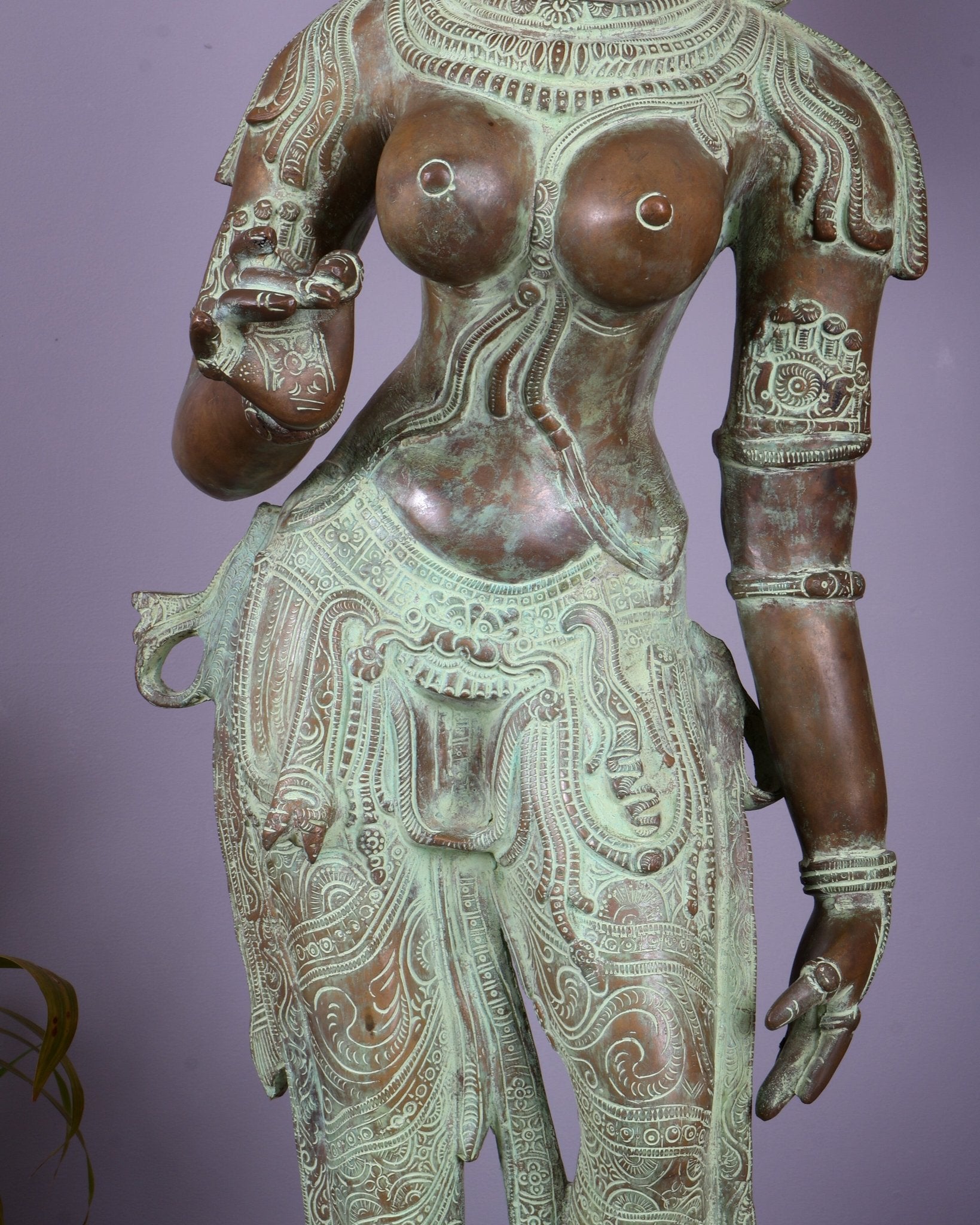 Vintage Bhoga Shakti Brass Standing Parvati Statue – Green Patina Finish (38 Inches, 30 Kg) - Budhshiv.com