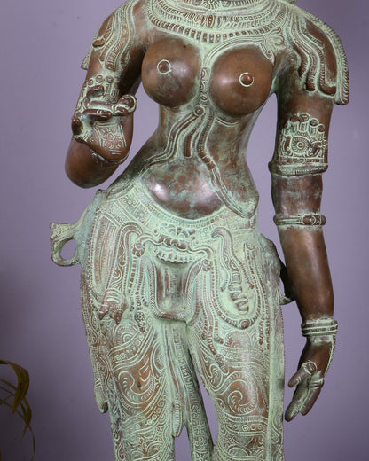 Vintage Bhoga Shakti Brass Standing Parvati Statue – Green Patina Finish (38 Inches, 30 Kg) - Budhshiv.com