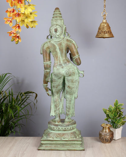 Vintage Bhoga Shakti Brass Standing Parvati Statue – Green Patina Finish (38 Inches, 30 Kg) - Budhshiv.com