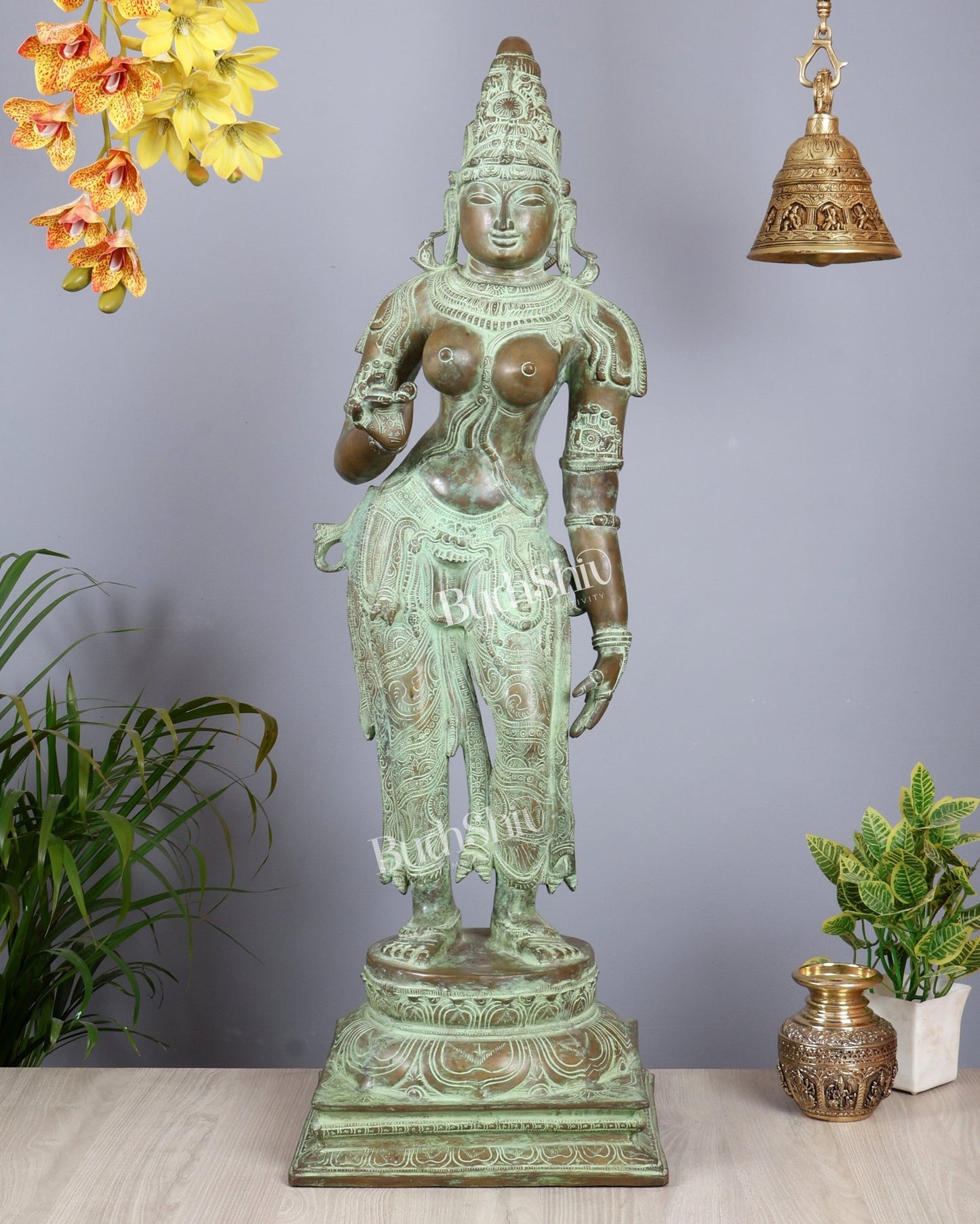 Vintage Bhoga Shakti Brass Standing Parvati Statue – Green Patina Finish (38 Inches, 30 Kg) - Budhshiv.com