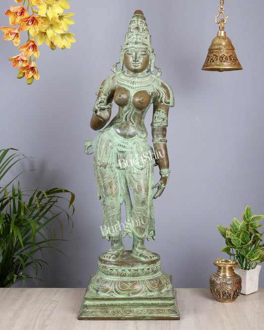 Vintage Bhoga Shakti Brass Standing Parvati Statue – Green Patina Finish (38 Inches, 30 Kg) - Budhshiv.com