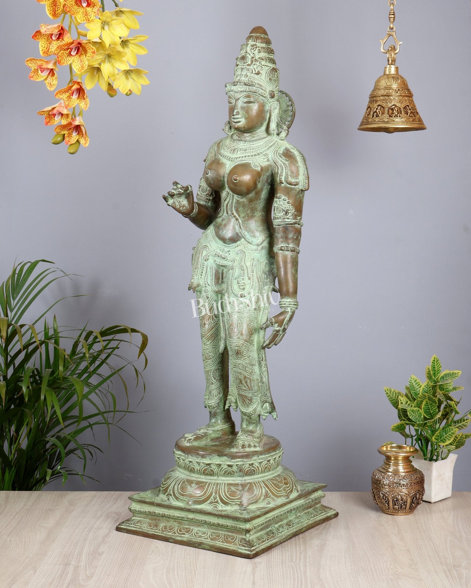 Vintage Bhoga Shakti Brass Standing Parvati Statue – Green Patina Finish (38 Inches, 30 Kg) - Budhshiv.com