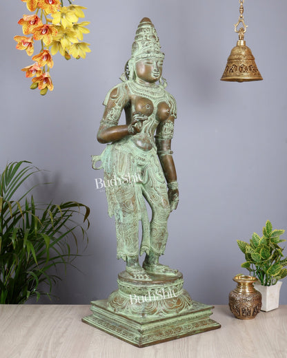Vintage Bhoga Shakti Brass Standing Parvati Statue – Green Patina Finish (38 Inches, 30 Kg) - Budhshiv.com
