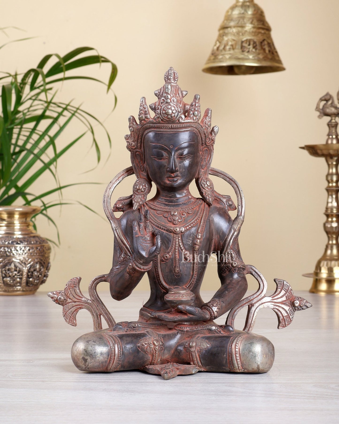 Vintage Brass amoghasiddhi Buddha Statue – Red Patina Finish with Silver Tone 10" - Budhshiv.com