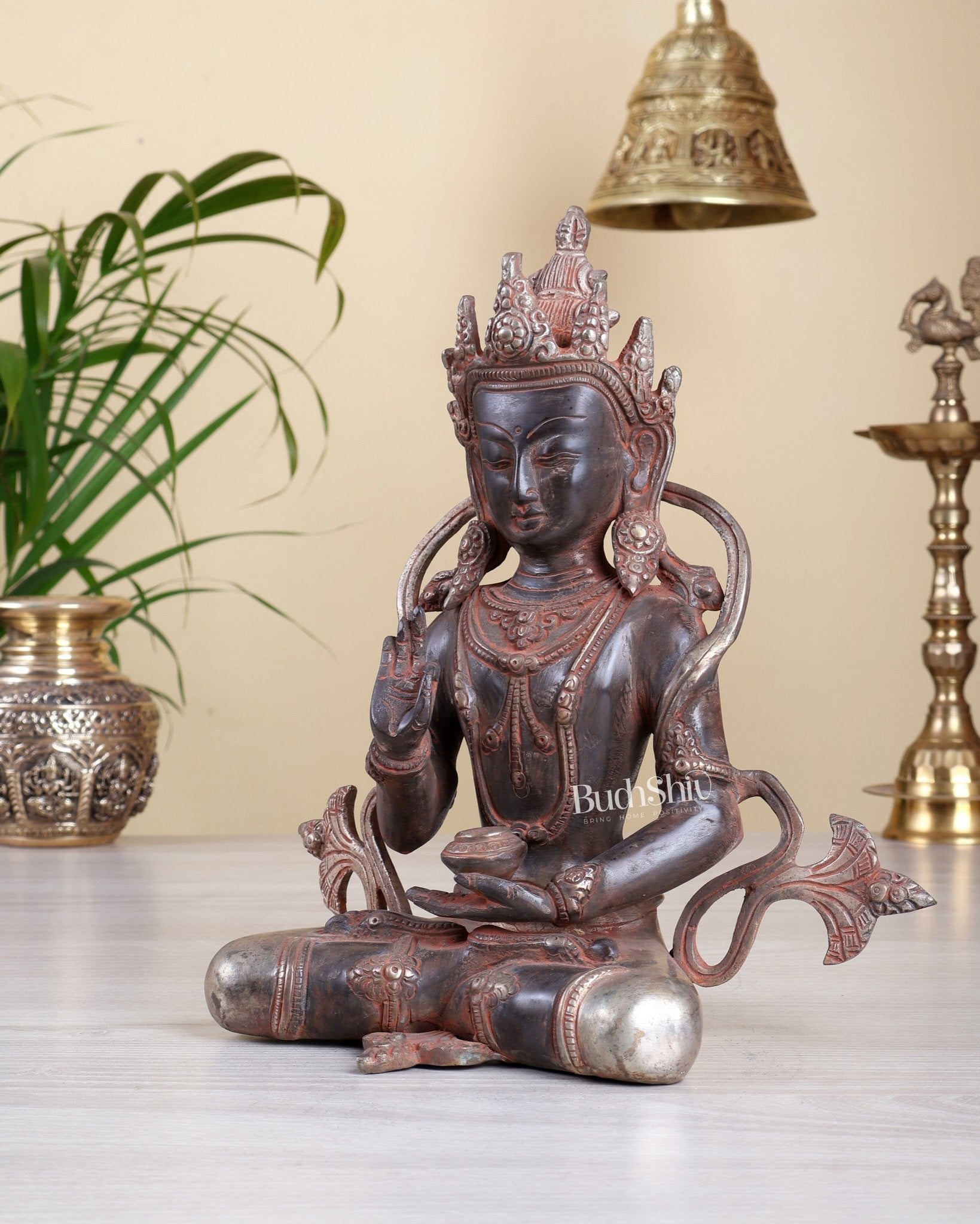 Vintage Brass amoghasiddhi Buddha Statue – Red Patina Finish with Silver Tone 10" - Budhshiv.com
