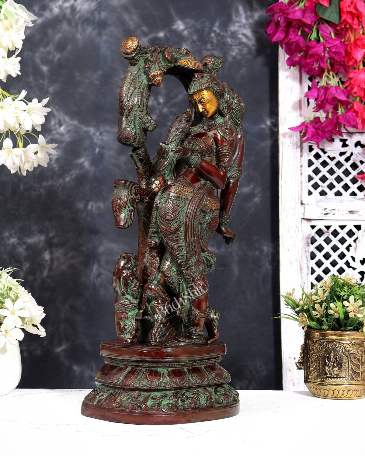 Vintage Brass Apsara Holding Parrot with Attendant statue 18 inch - Budhshiv.com