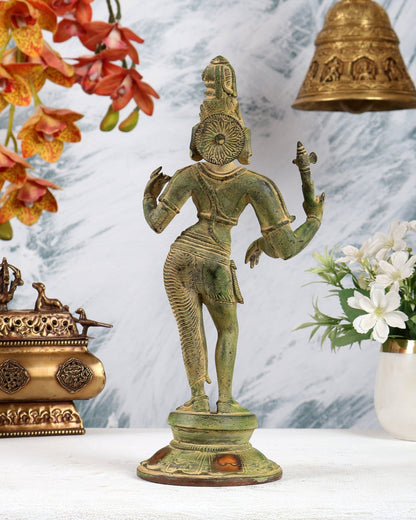 Vintage Brass Ardhanarishwara Idol – Green sand Tone Shiva Shakti Sculpture (11.2 Inch) - Budhshiv.com
