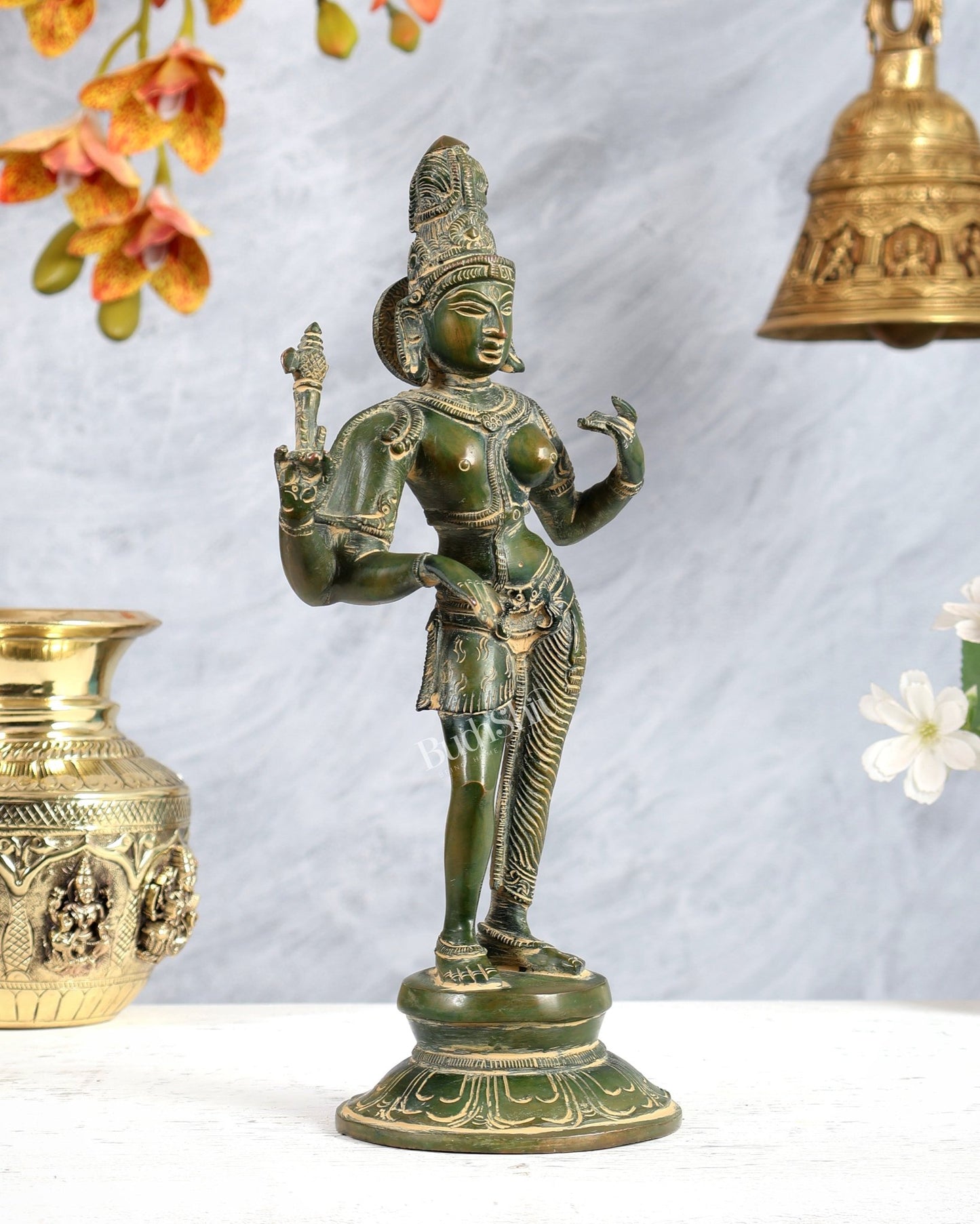 Vintage Brass Ardhanarishwara Idol – Green Tone Shiva Shakti Sculpture (11.2 Inch) - Budhshiv.com