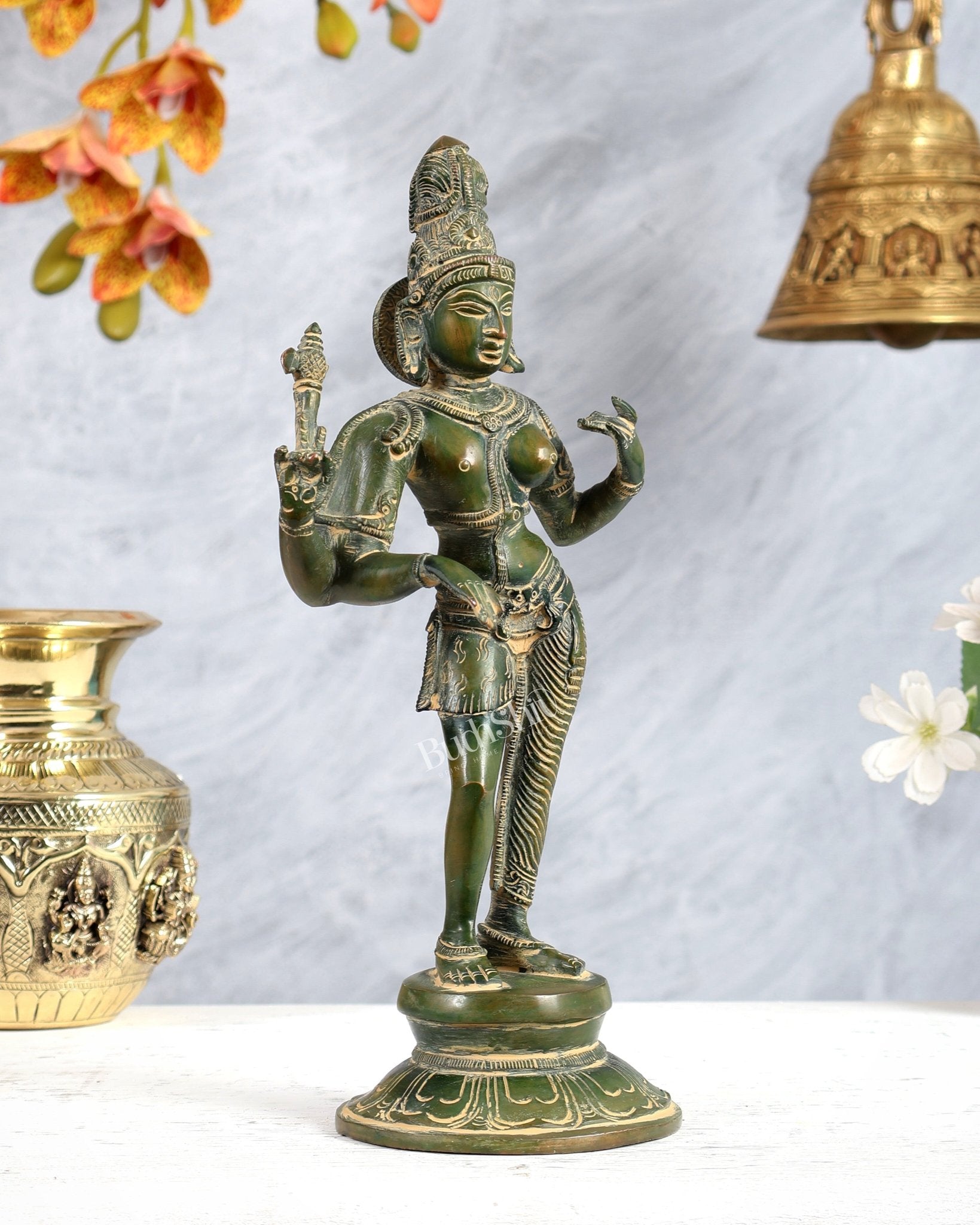 Vintage Brass Ardhanarishwara Idol – Green Tone Shiva Shakti Sculpture (11.2 Inch) - Budhshiv.com