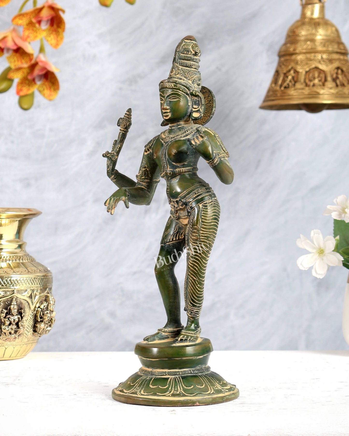 Vintage Brass Ardhanarishwara Idol – Green Tone Shiva Shakti Sculpture (11.2 Inch) - Budhshiv.com