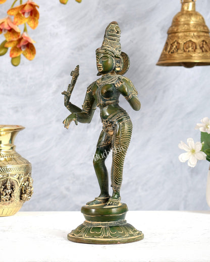 Vintage Brass Ardhanarishwara Idol – Green Tone Shiva Shakti Sculpture (11.2 Inch) - Budhshiv.com