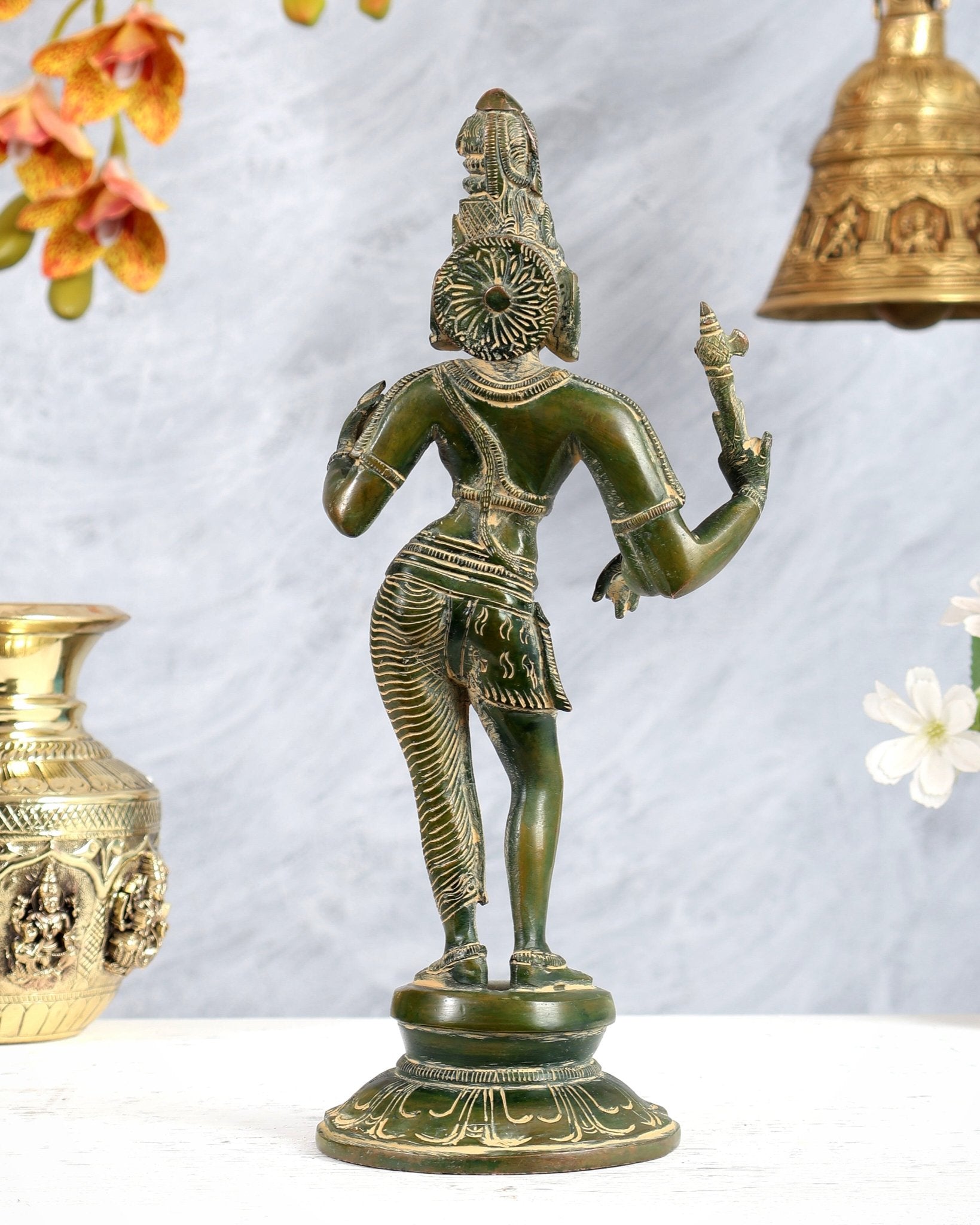 Vintage Brass Ardhanarishwara Idol – Green Tone Shiva Shakti Sculpture (11.2 Inch) - Budhshiv.com