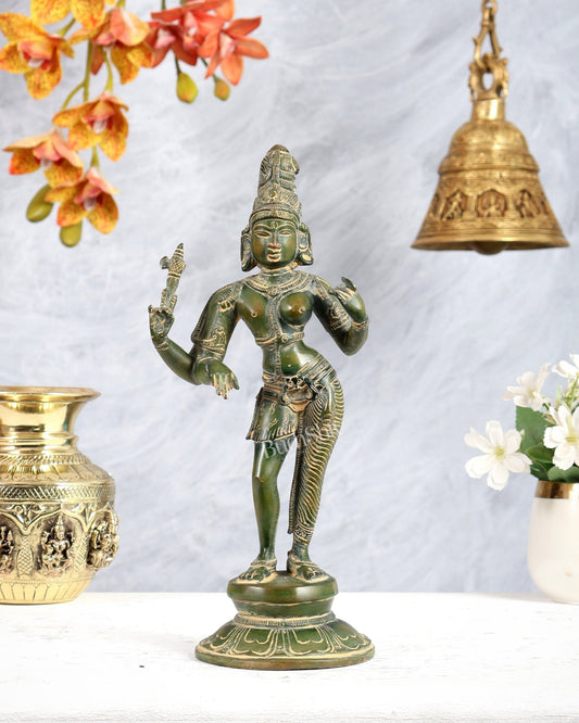 Vintage Brass Ardhanarishwara Idol – Green Tone Shiva Shakti Sculpture (11.2 Inch) - Budhshiv.com