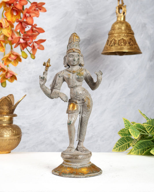 Vintage Brass Ardhanarishwara Idol – Grey sand Tone Shiva Shakti Sculpture (11.2 Inch) - Budhshiv.com