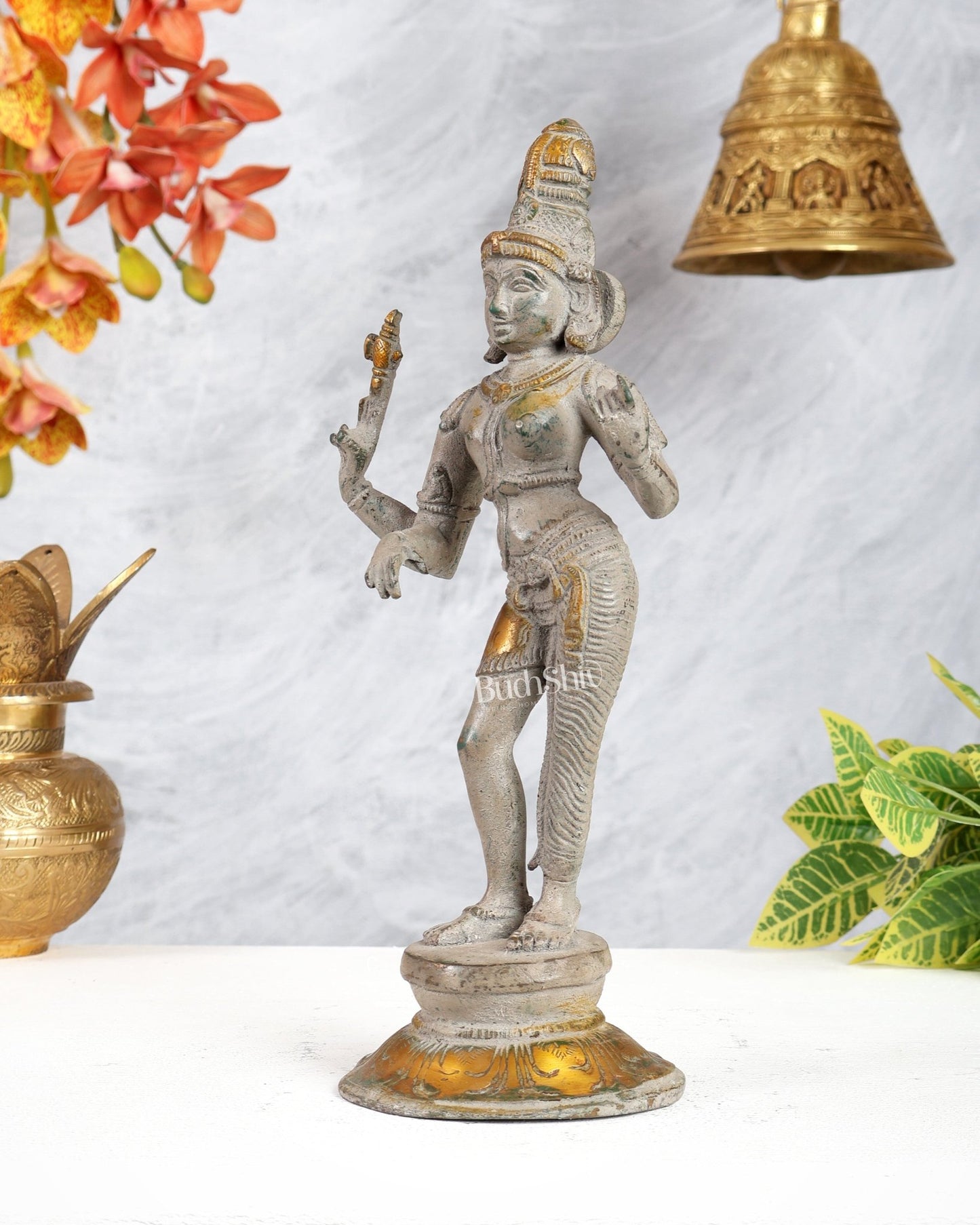 Vintage Brass Ardhanarishwara Idol – Grey sand Tone Shiva Shakti Sculpture (11.2 Inch) - Budhshiv.com