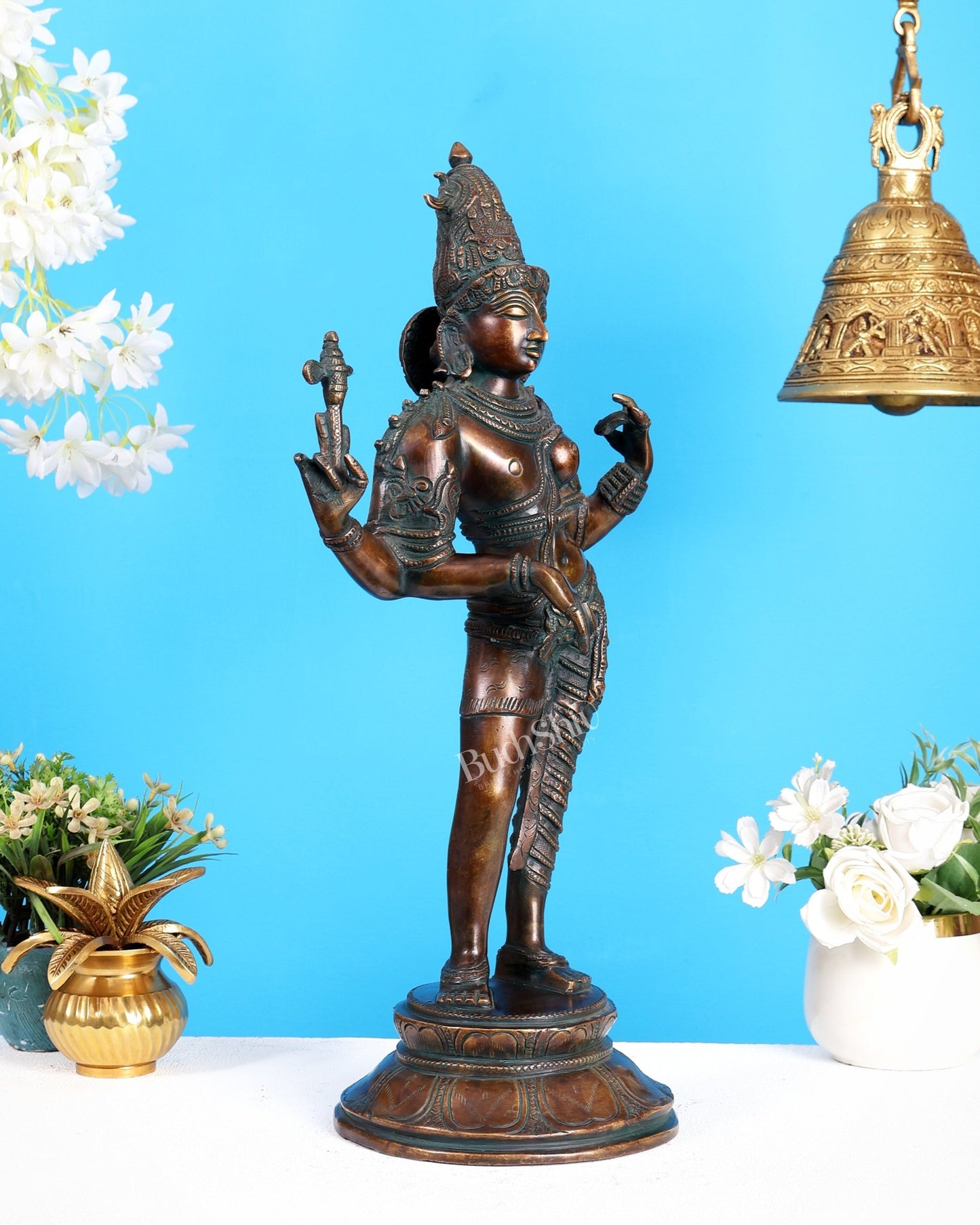 Vintage Brass Ardhanarishwara Statue | Bronze Tone Finish 19 inch - Budhshiv.com